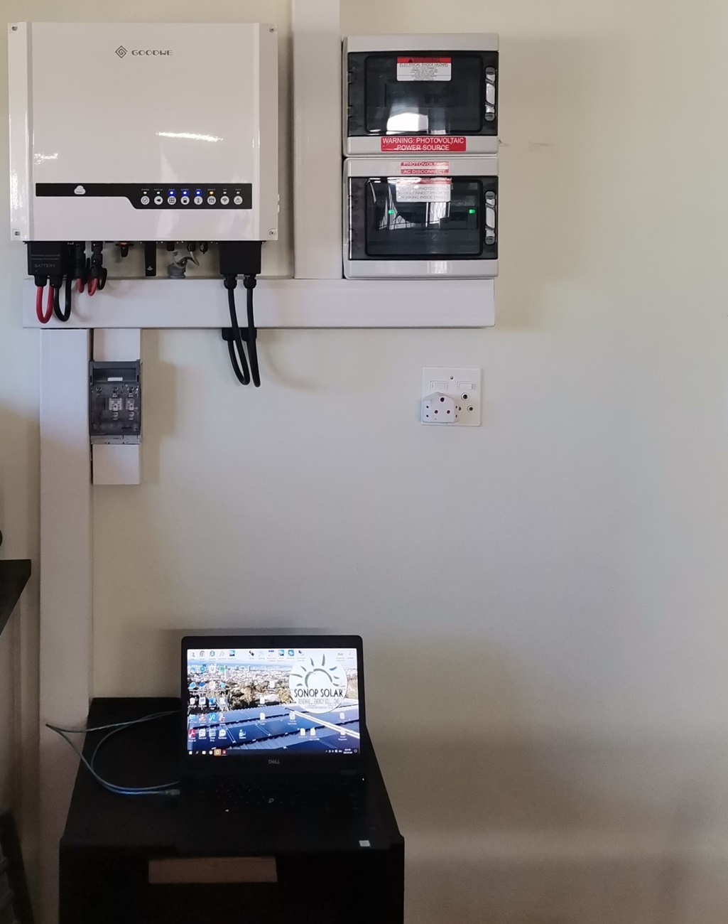 Hybrid 5kw Goodwe System with 6.6kw PV and 14kwh Lithium battery bank.