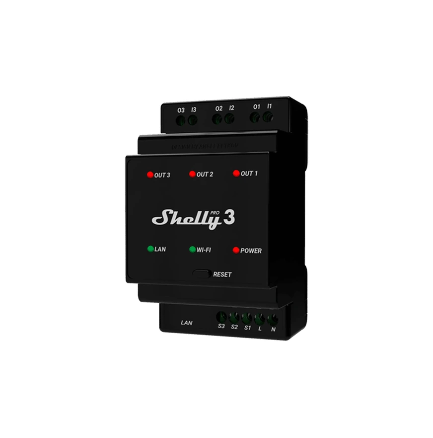 Product: Shelly Pro 3 – Three-Channel Relay With Potential-Free Outputs Supporting A Total Of 48A